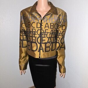 Emil Rutenberg Alphabet Print Jacket L Mustard Gold Black‎ Logo Zip Bomber NWT